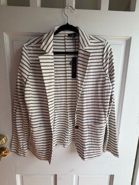 Striped Open-Front Blazer Jacket - White & Gray